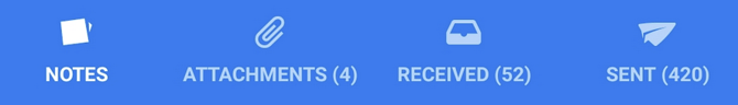 Section with tabs: notes, attachments, received and sent 