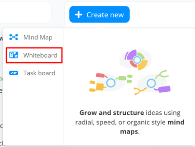 Whiteboard selected in the drop-down Create new menu.