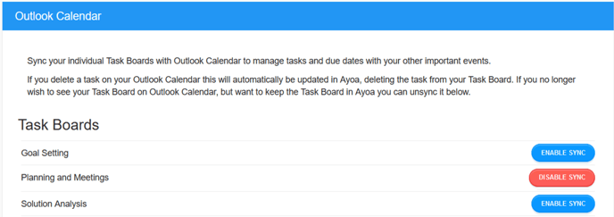 List of task boards with enable and disable sync buttons.