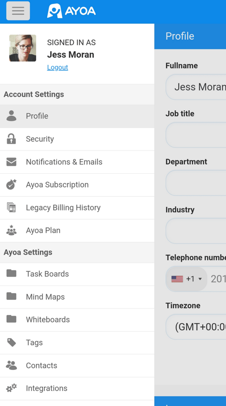 View of the account settings and Ayoa settings.