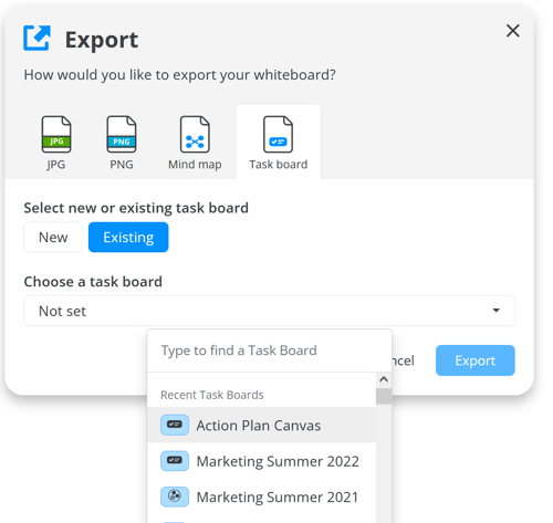 Export option with chosen Existing setting.