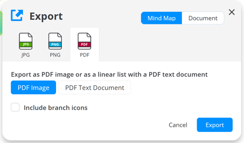 Export option with selected PDF.
