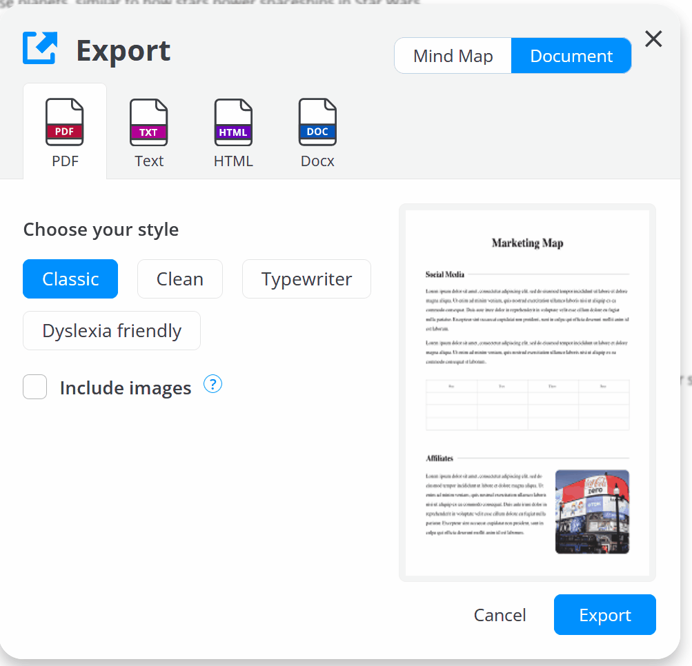 Selecting PDF styles for export 