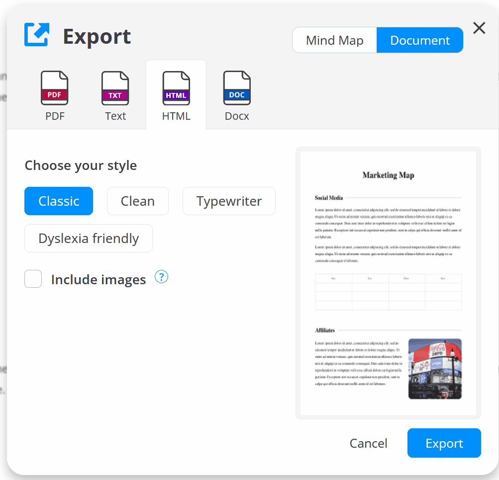 Selecting HTML export style