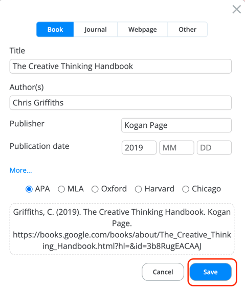 Citation will automatically populate press save