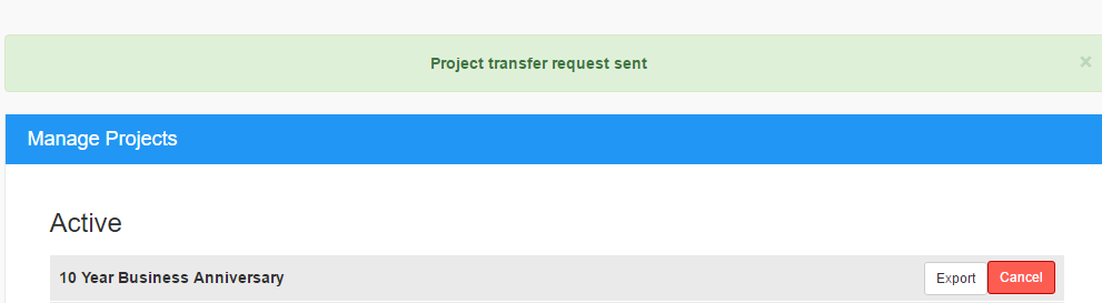 Project transfer request sent