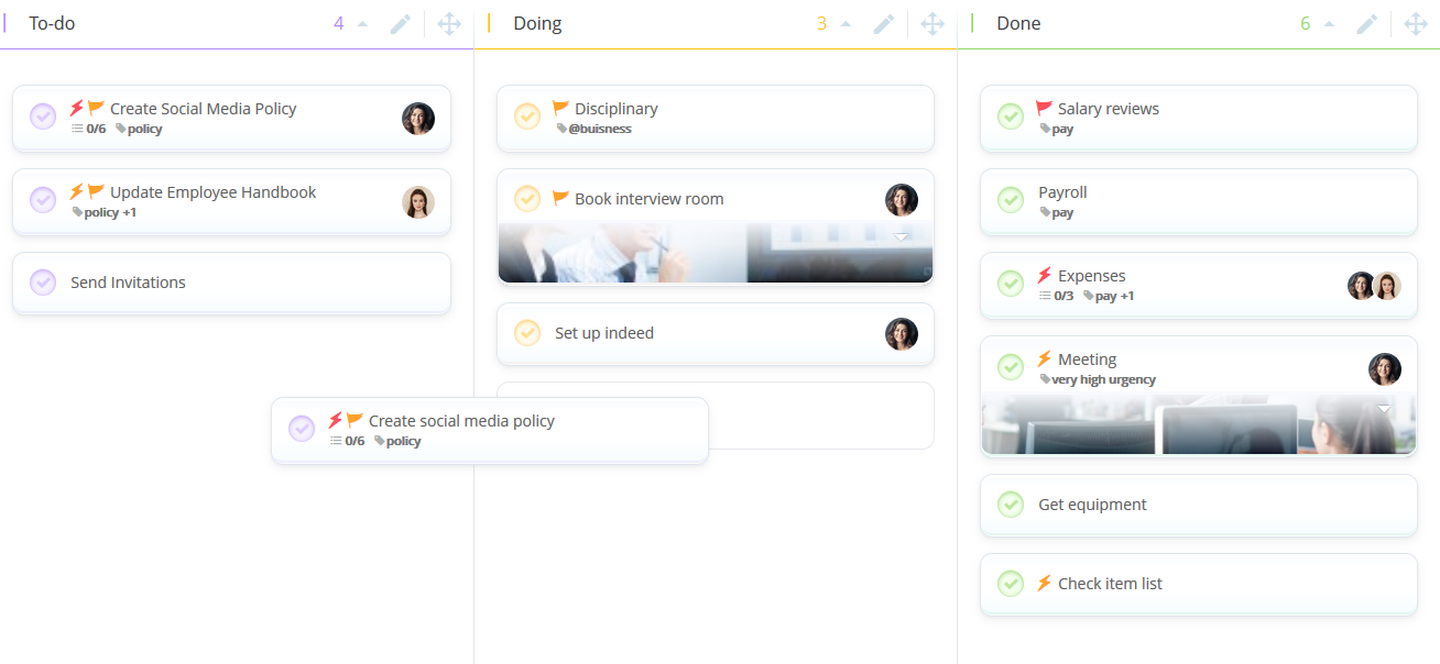 View of the workflow view with categories and tasks.