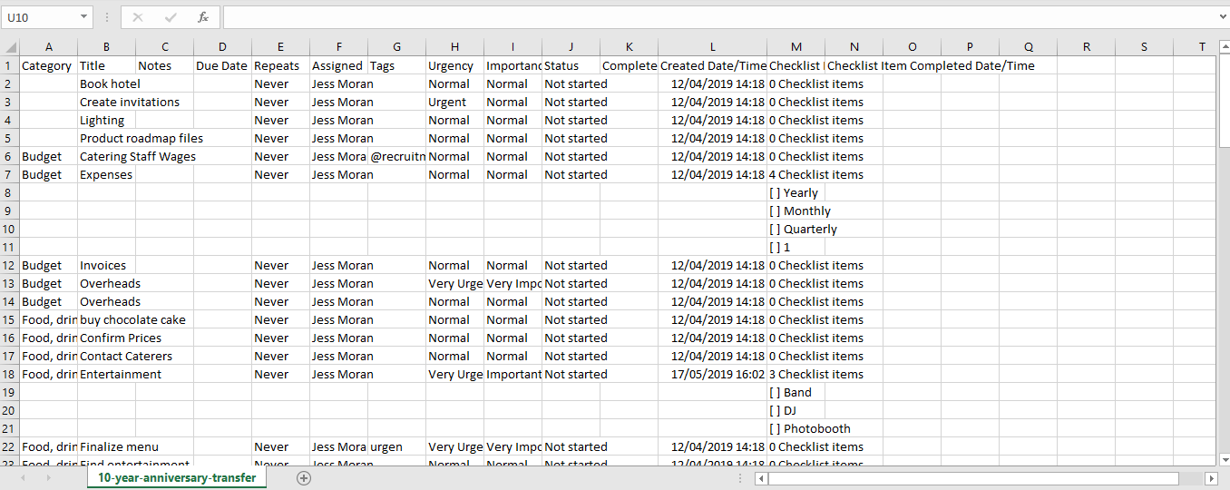 Excel view of the exported board. 