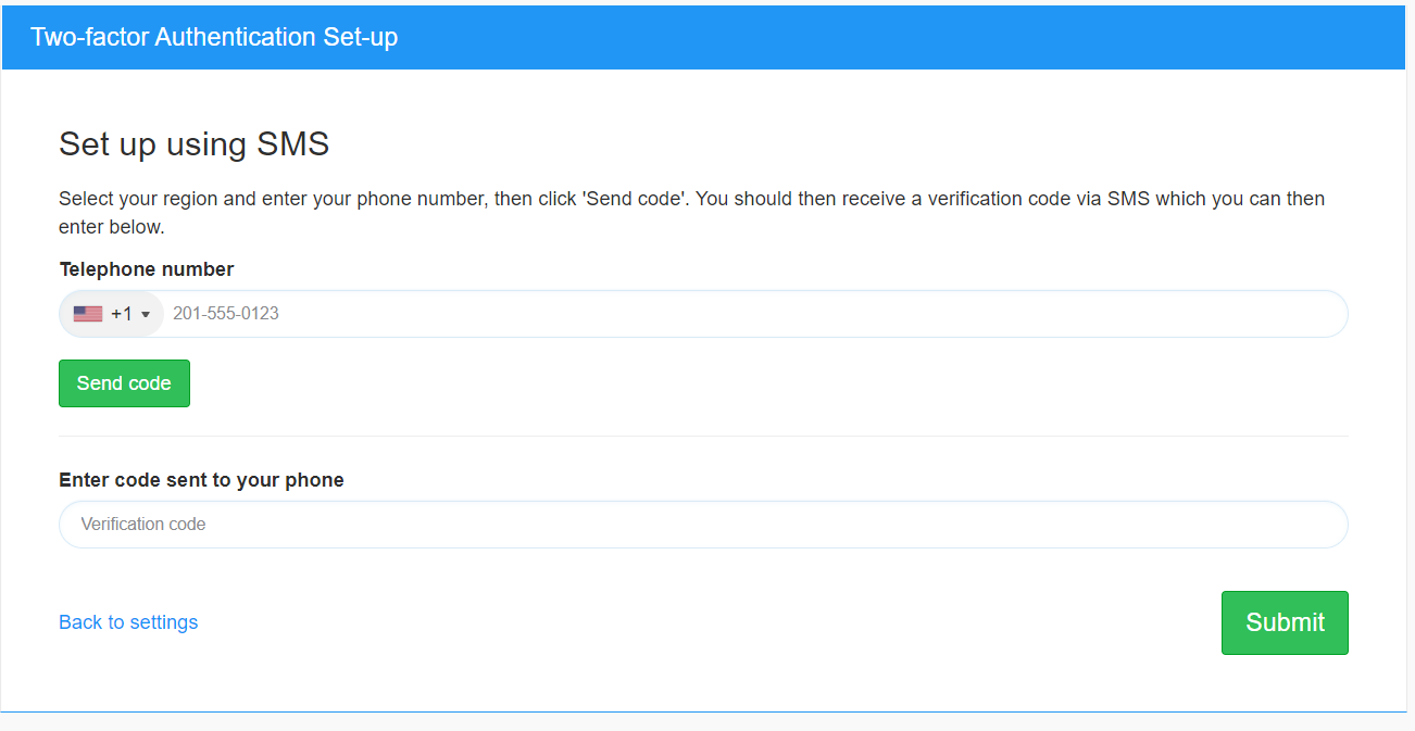 SMS setup window with telephone number and verification code.