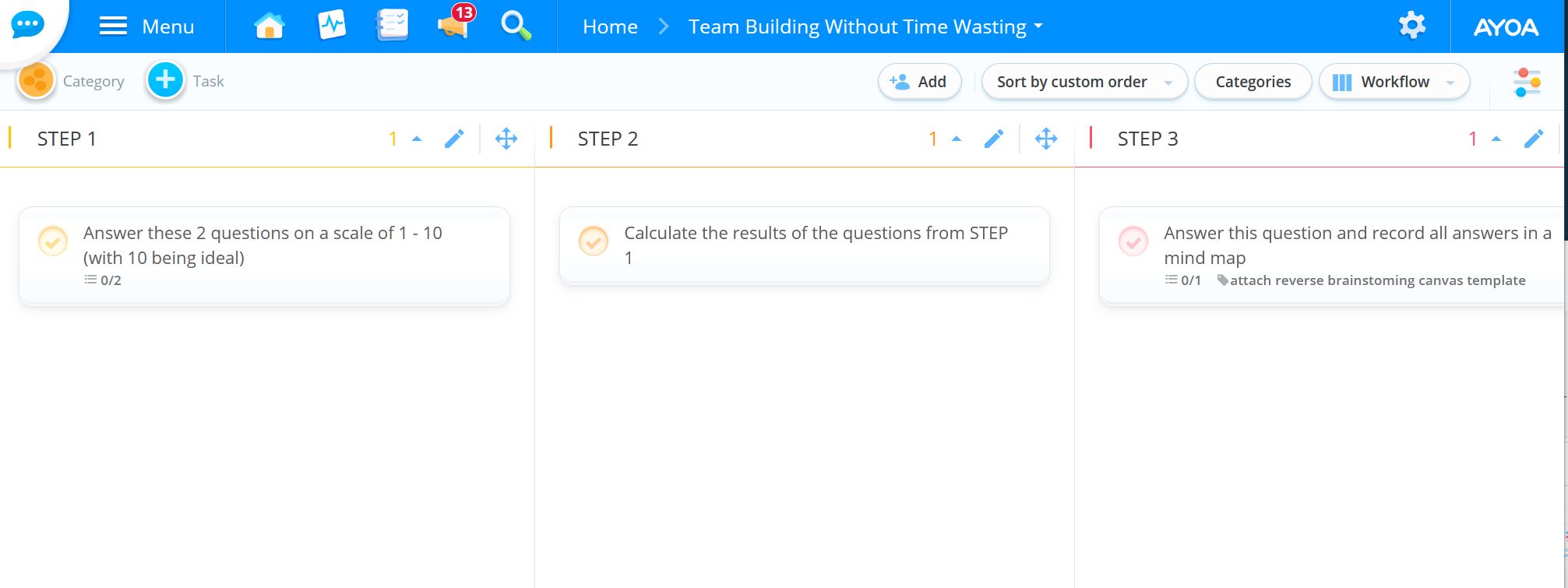 View of the newly created task board from the template. 