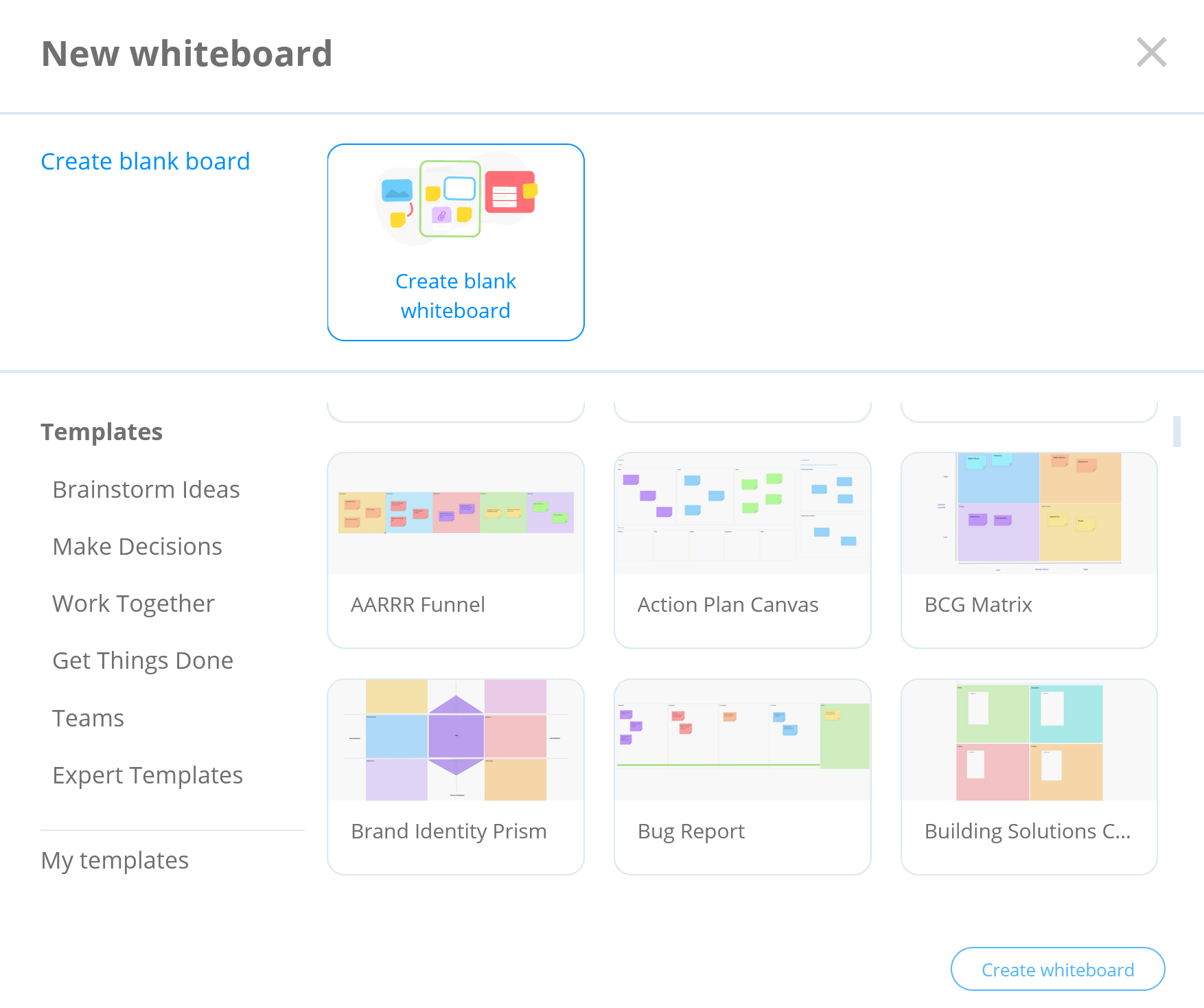 Window with the create blank whiteboard and templates options.