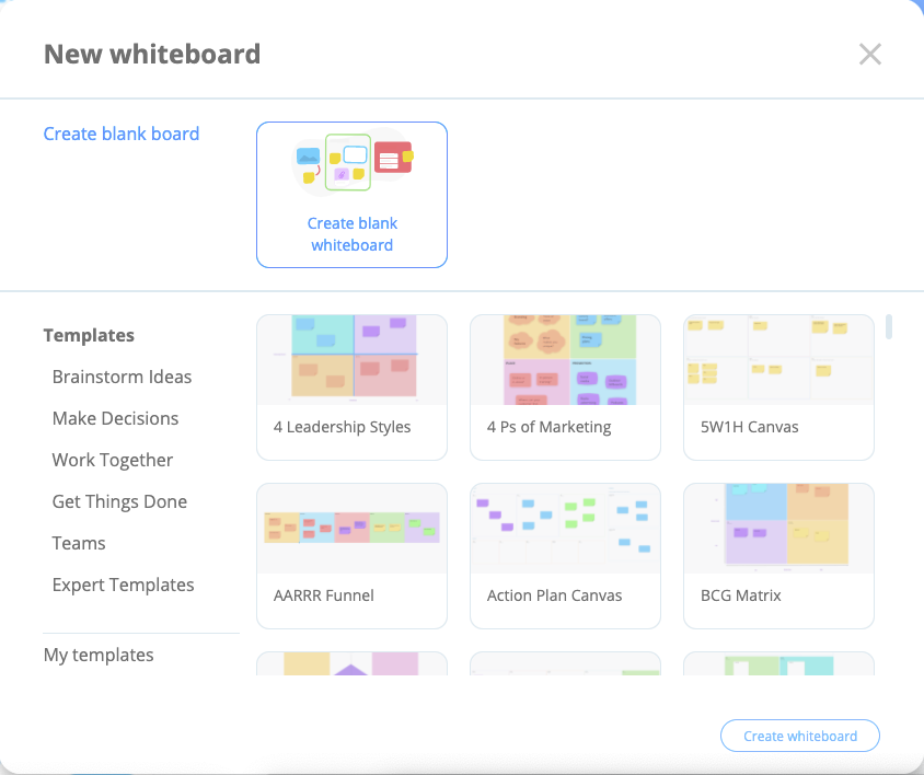 Here you can choose whether to create a brand new whiteboard by clicking "Create blank Whiteboard"Here you can choose whether to create a brand new whiteboard by clicking "Create blank Whiteboard"