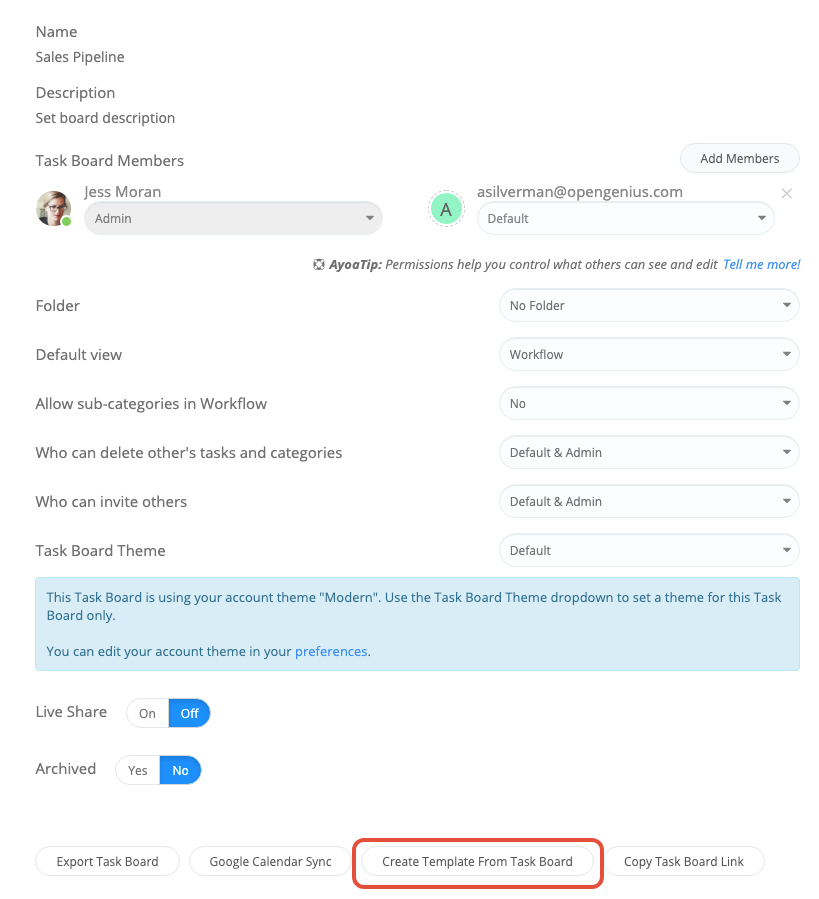 Choosing the Create Template From Task Board button.