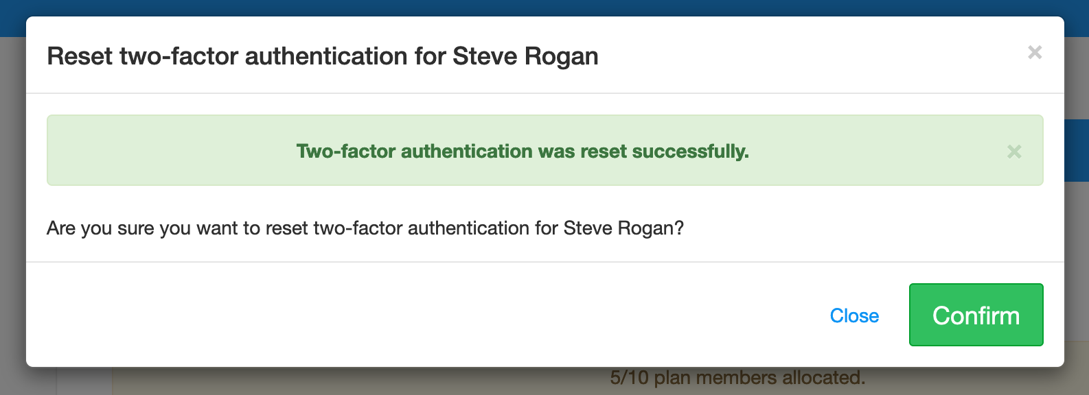 2FA has been reset successfully