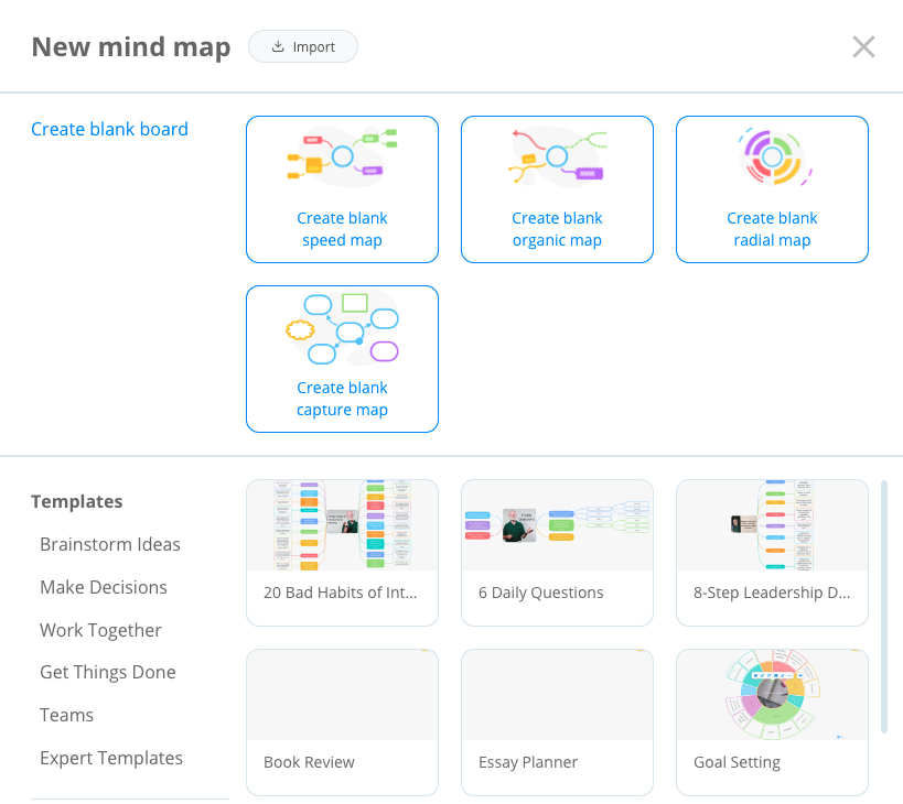 To create a mind map from scratch, click 'Create blank map', in your preferred style.