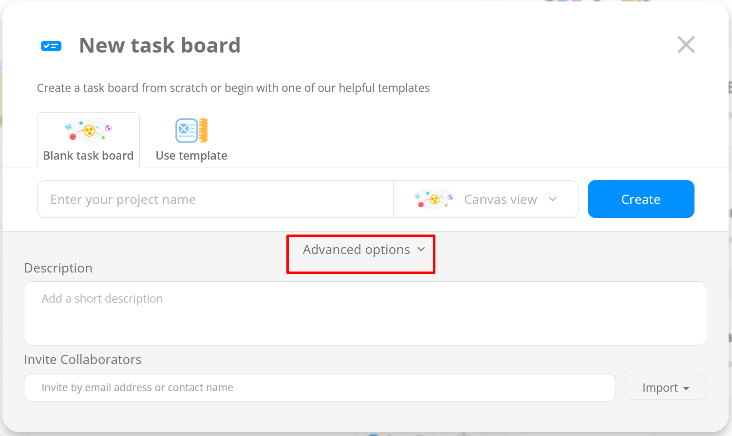 Name task board and add description or invite other users with the Advanced options.