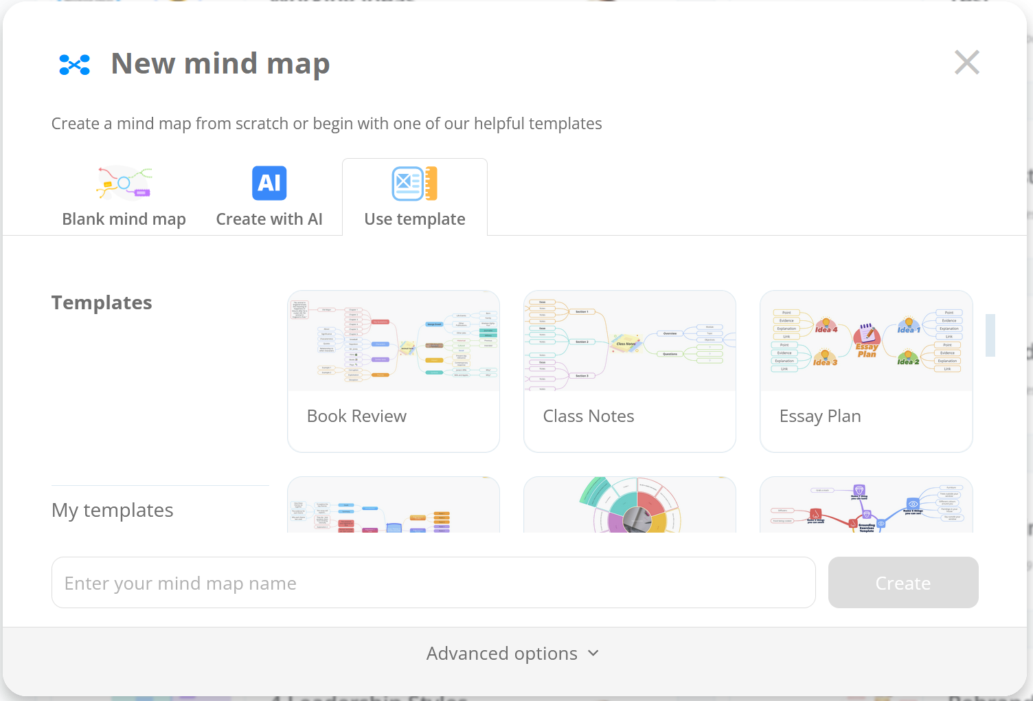 New mind map creation screen, go to the Use template tab.