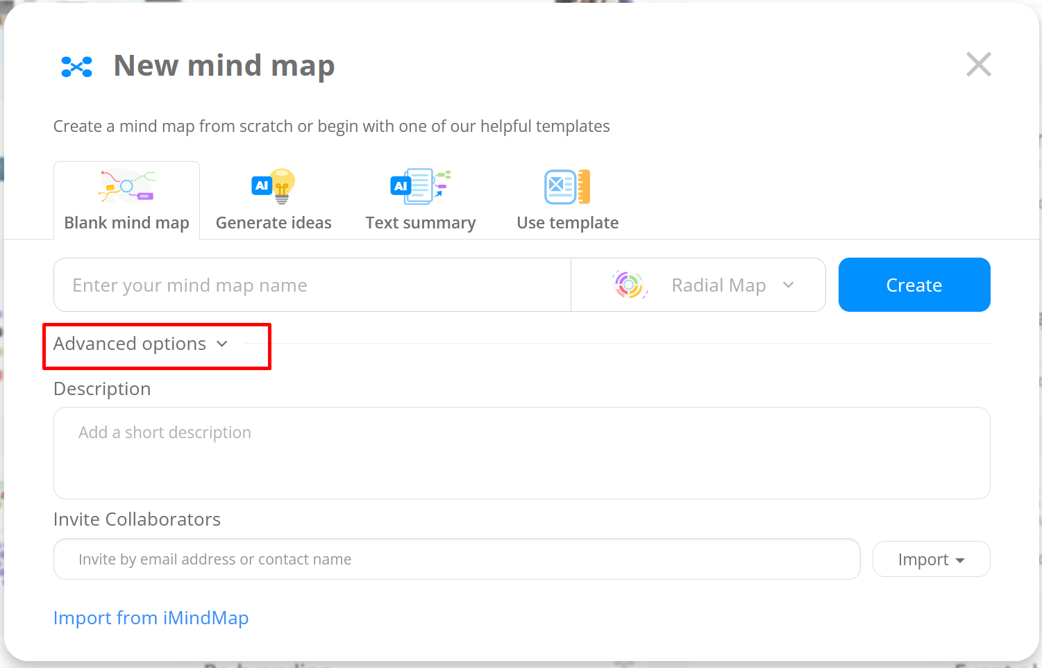 Add a name or description to your Radial map within Advanced Options.