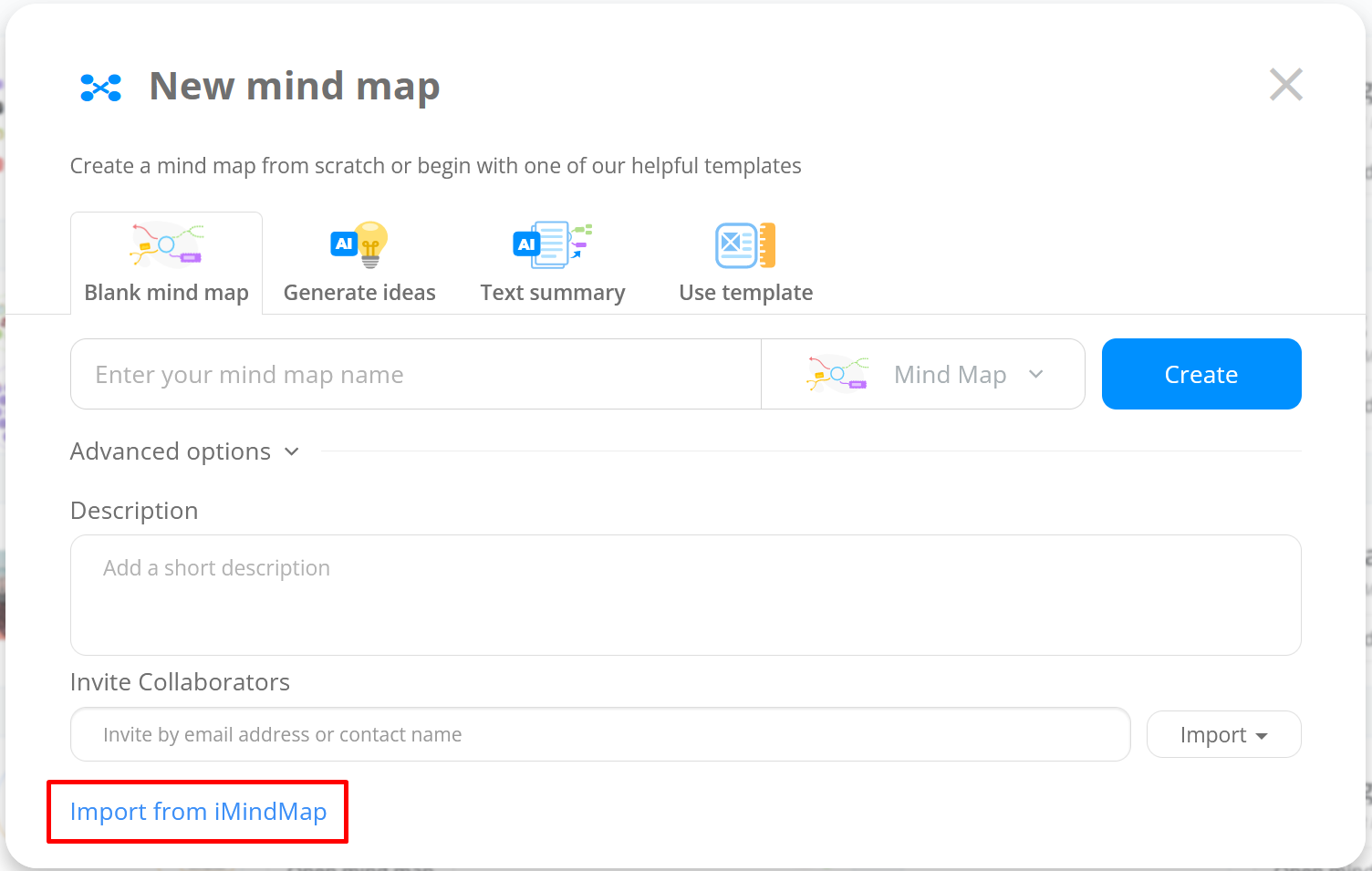 Click Import from iMindMap at the bottom.