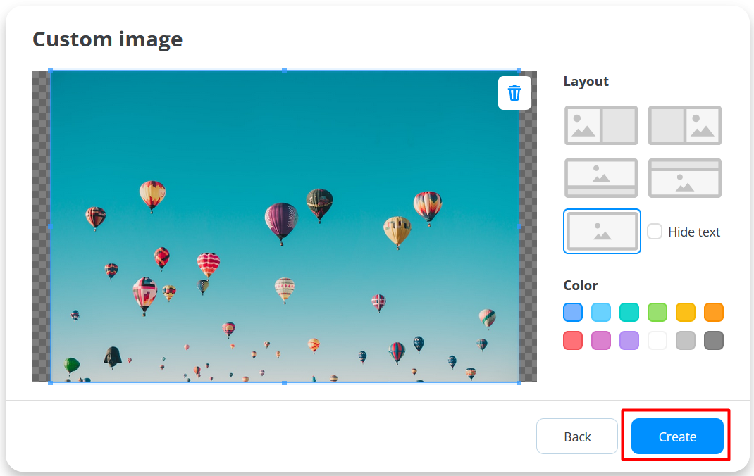 Selected custom image with the layout options.