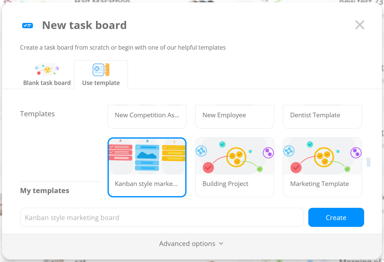 Selecting template of the task board to create a new board.