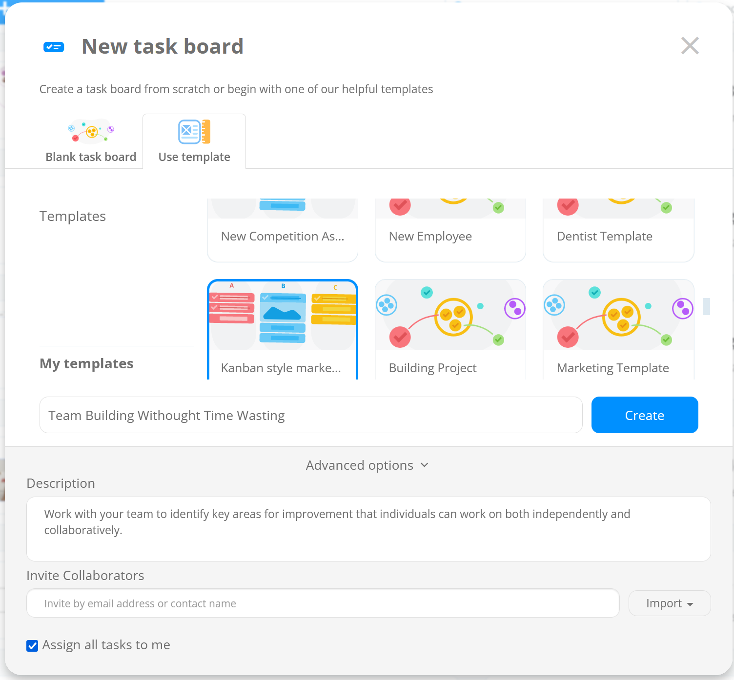 Naming the template and adding additional description under Advanced options.