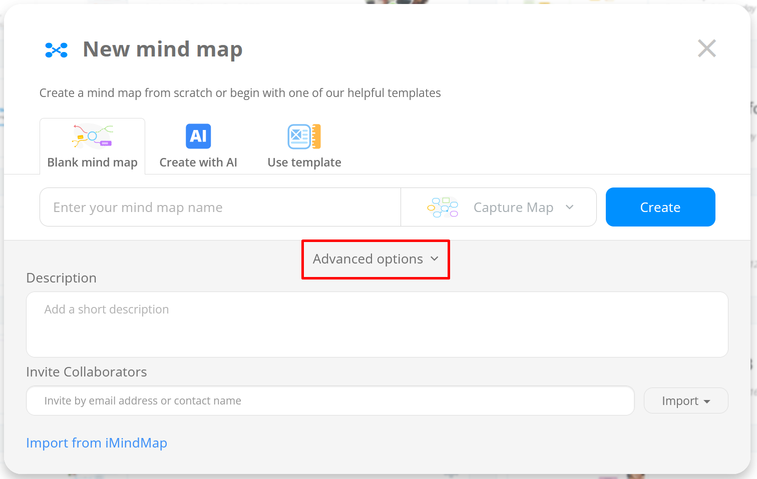 Name your Capture Map and in the Advanced Options, at the bottom of the window, you can add a map description and any people you wish to collaborate with. Once that is done, click Create.