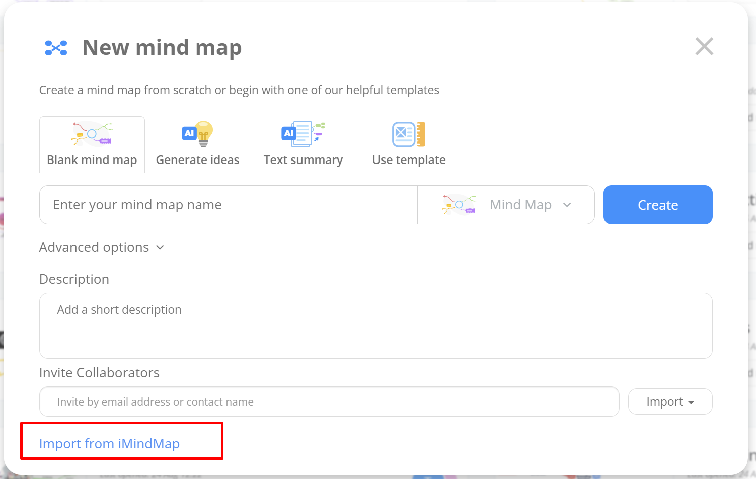 Selecting import from iMindMap option.