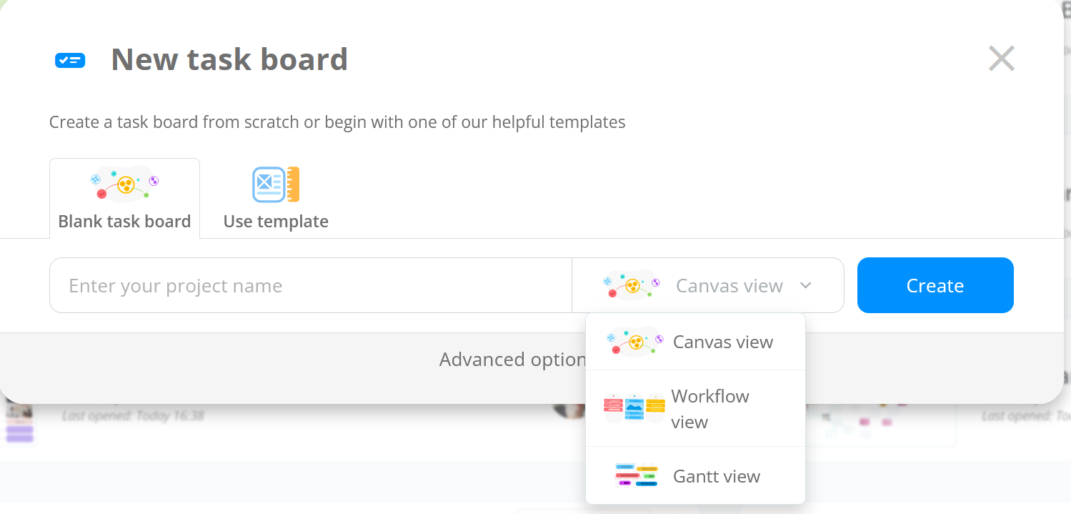 Selecting the task boards view from the drop-down menu.