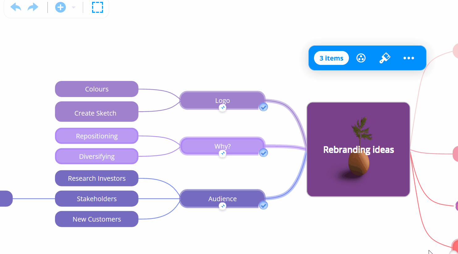 Selecting paint brush icon from the blue tool box and adjusting the text on a few branches.